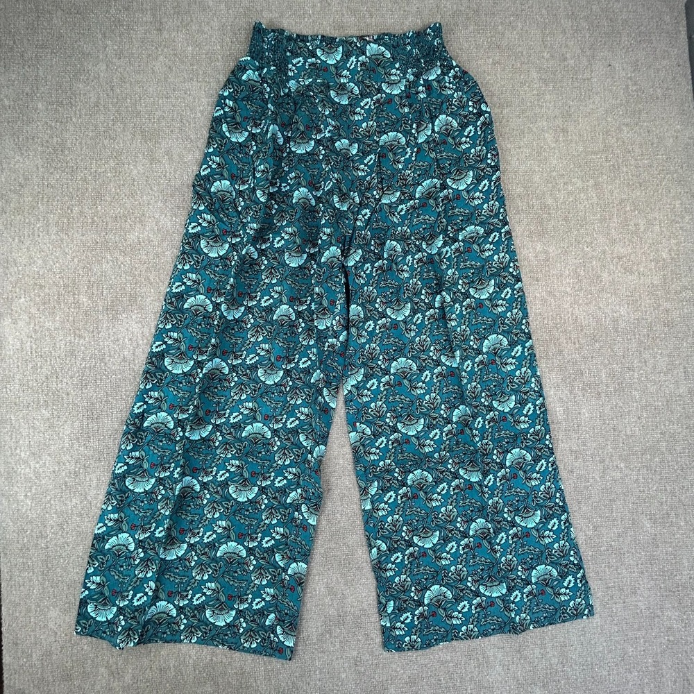 Band Of The Free Pants Womens Large Deep Teal Aqua Floral Elastic Waist Wide Leg